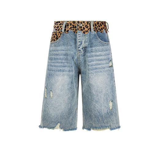 Short en jean à imprimé léopard effet usé - Bleu / S