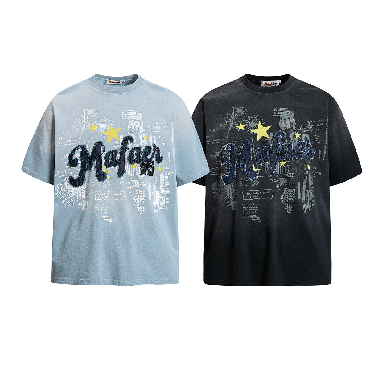 Star Applique Embroidery Washed Short Sleeve T-Shirt