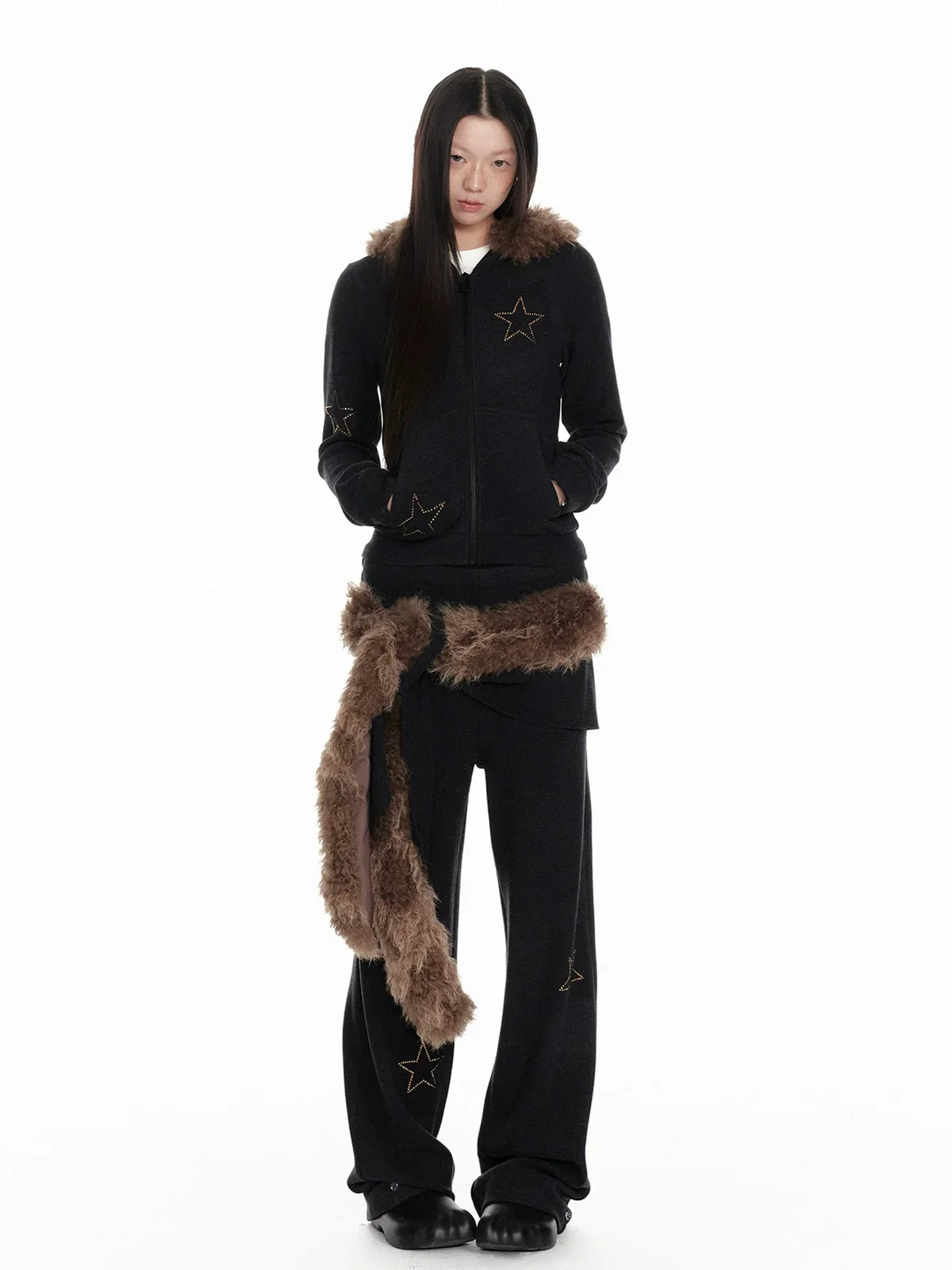 Horn Fur Collar Fuzzy Zipper Hoodie & Wide-Leg Pants Setup