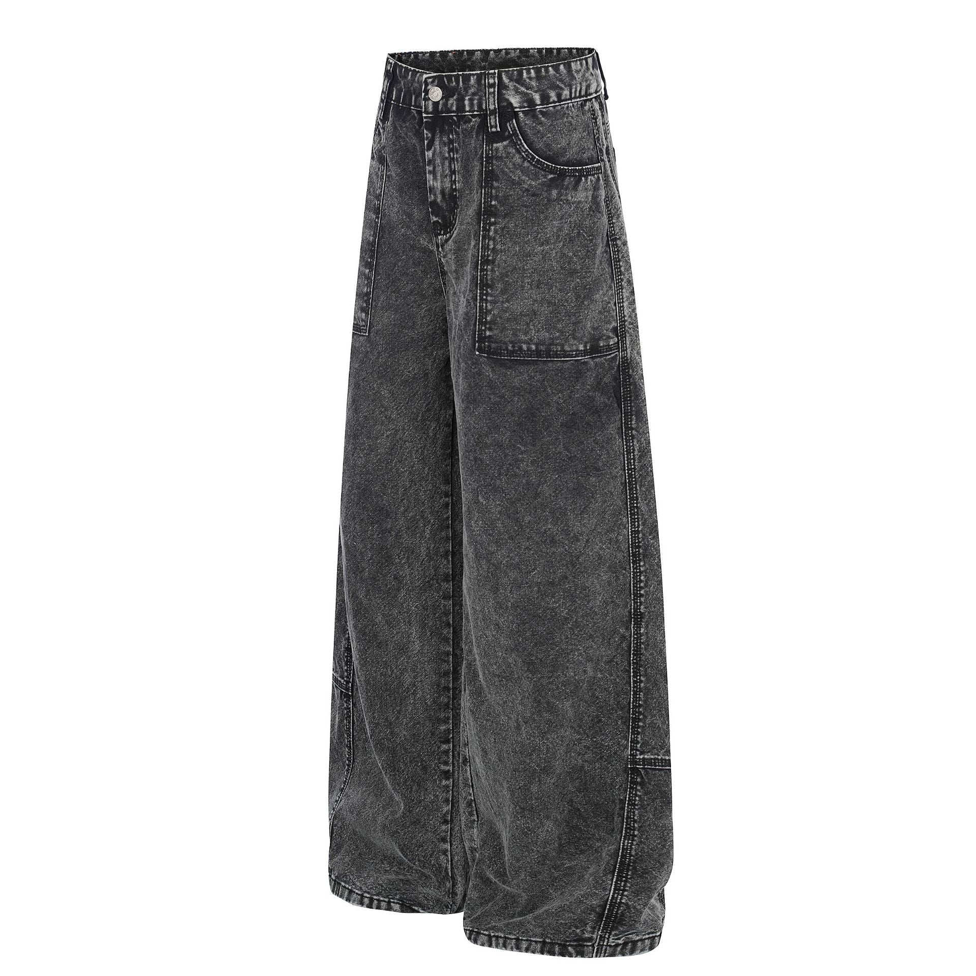 Patch Pocket Washed Wide Leg Denim Jeans