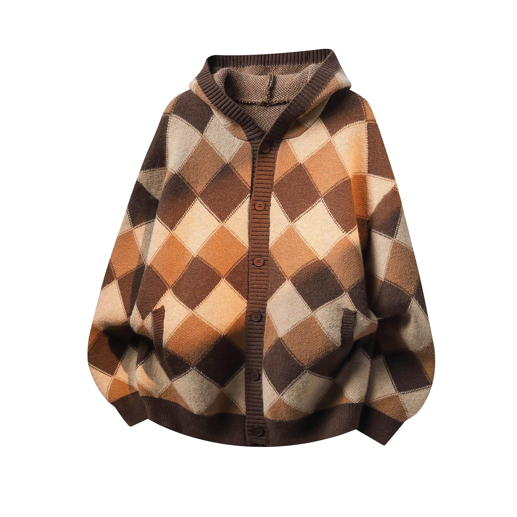 Heavyweight Diamond Pattern Oversize Hooded Knit Cardigan & Knit Sweater
