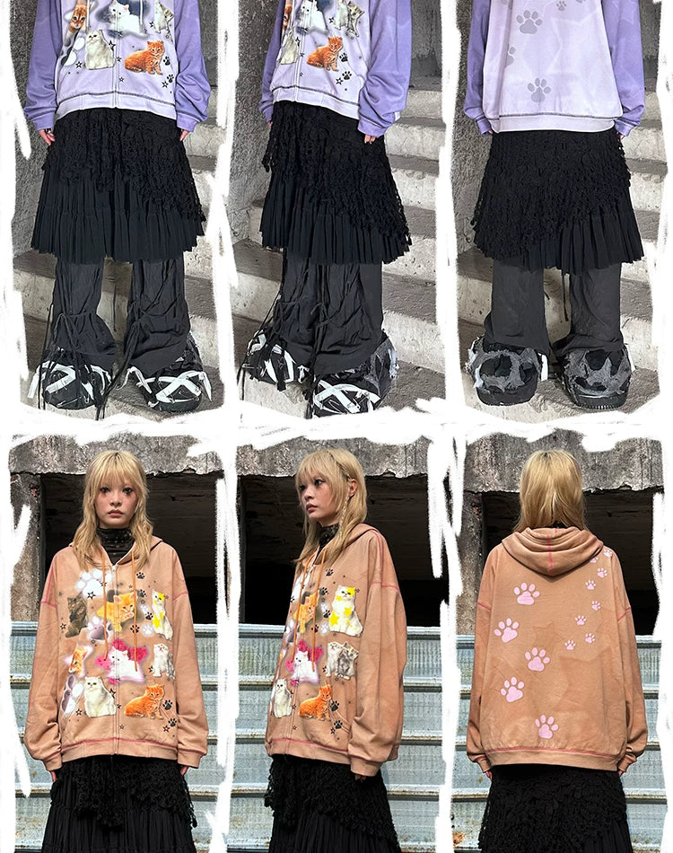 Cat Print Zipper Hoodie