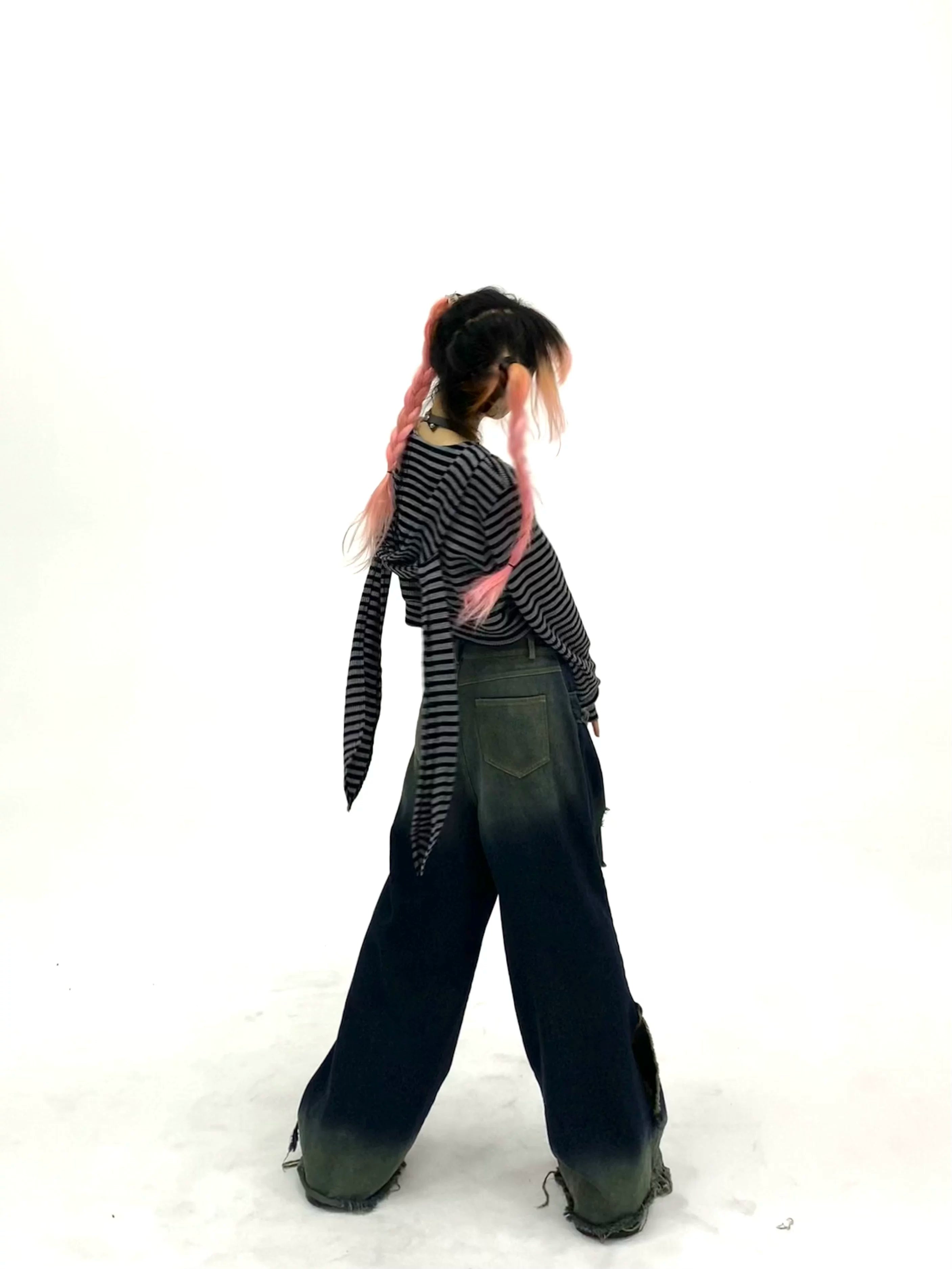 Striped Rabbit Ear Oversize Zipper Jacket & Zipper Coat