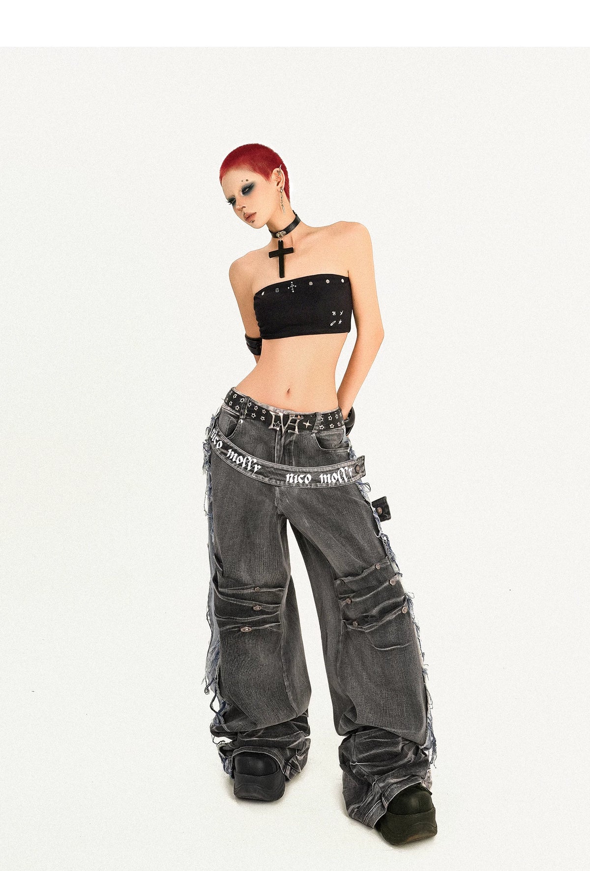 Damage Wash Raw Hem Wide Leg Denim Jeans