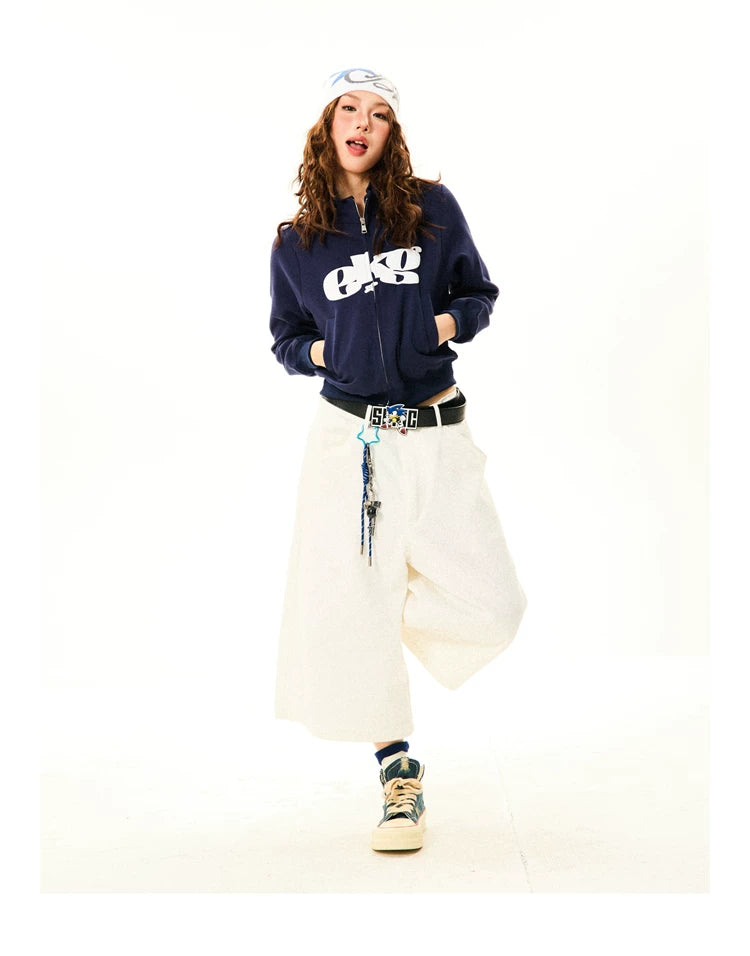 Letter Print Fitted Zipper Hoodie