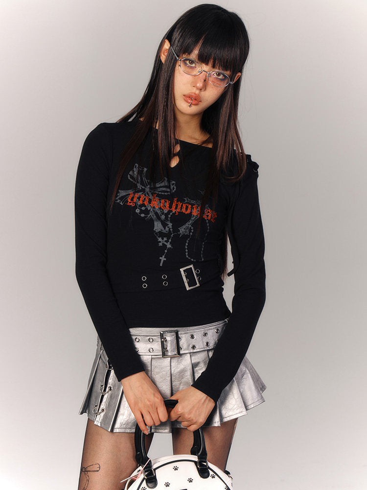 Cross Print Strap Buckle Cutout Long Sleeve T-Shirt