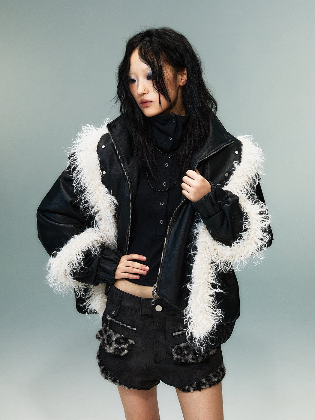 Fake Layered Washed Thickened PU Leather Padded Short Jacket