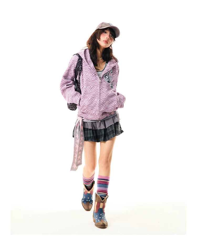 Zebra Print Graphic Zip-Up Hoodie