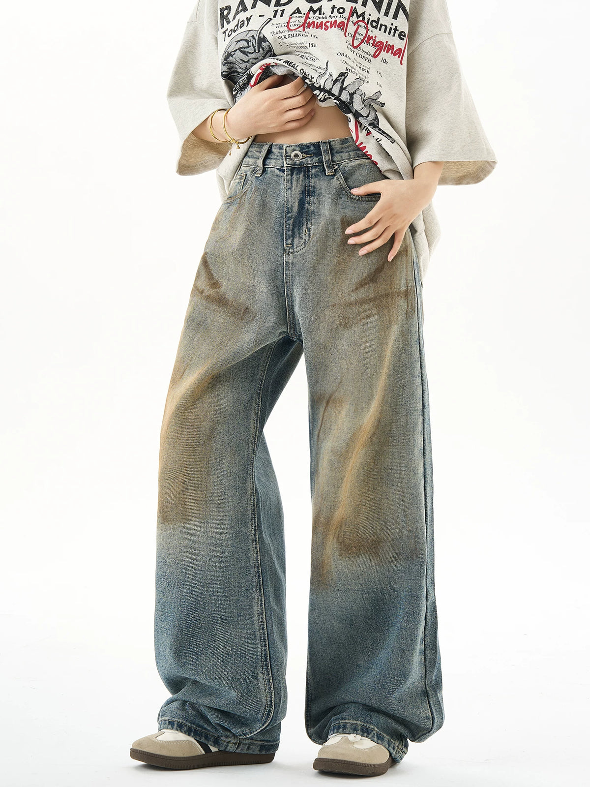 Washed Wide-Leg Straight Denim Jeans