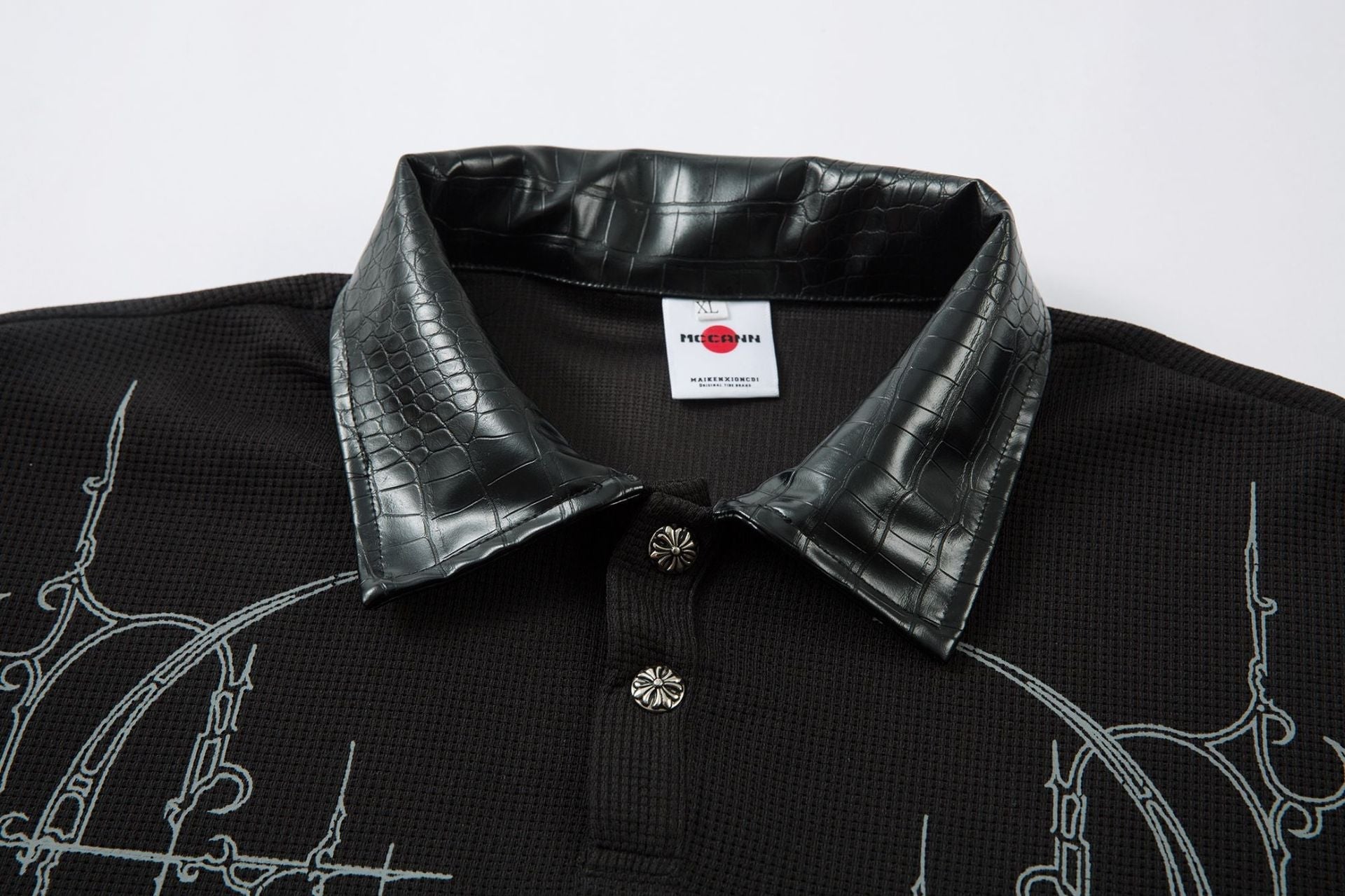 PU Leather Collar Thorn Print Fake Layered Long Sleeve Polo Shirt