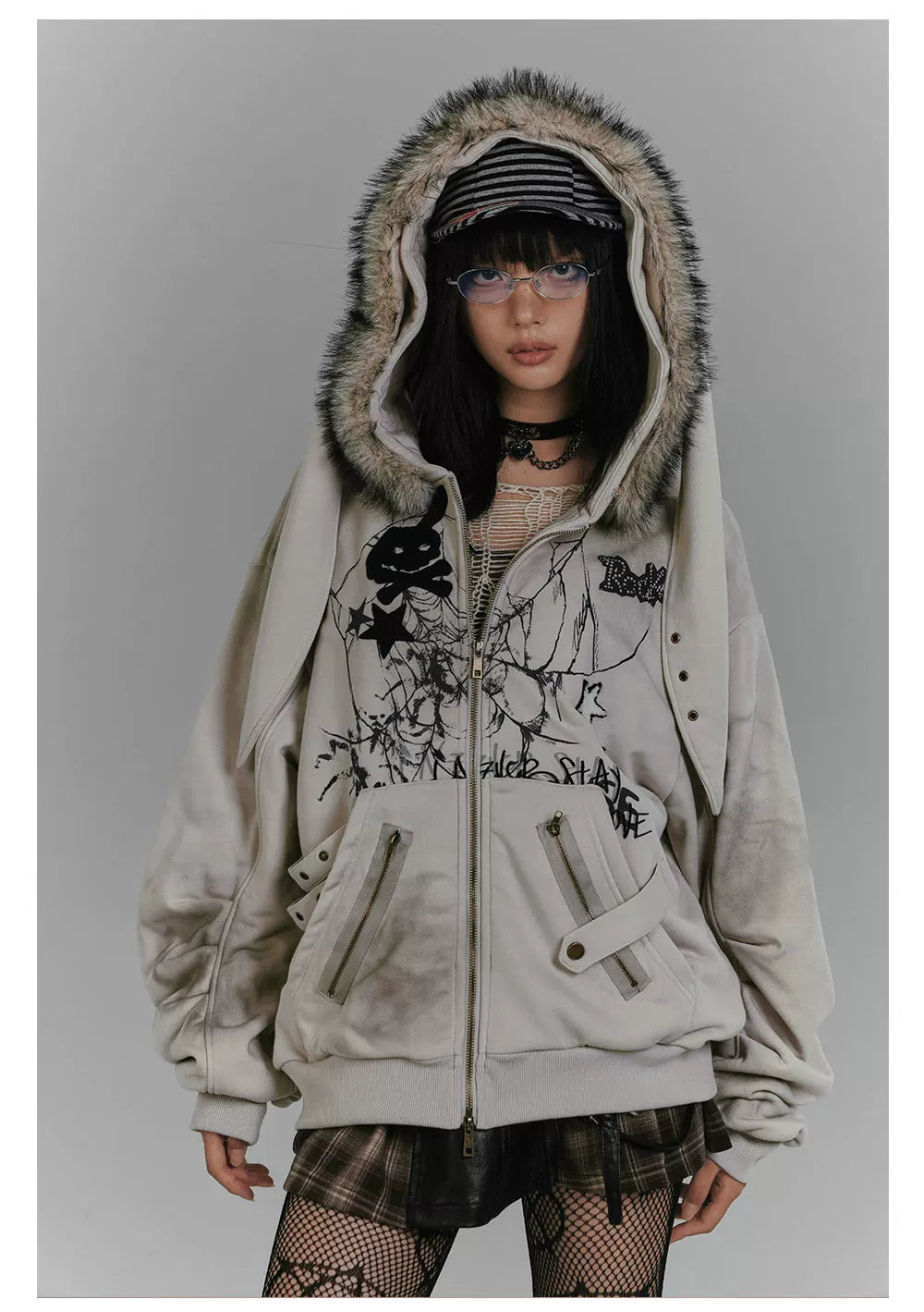 Graphic Fake Fur Hood Bunny Ear Zipper Hoodie Jacket