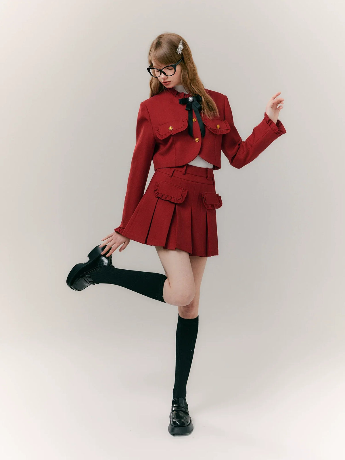 Red Bow-Knot Pleated Skirt & Blazer Jacket Setup
