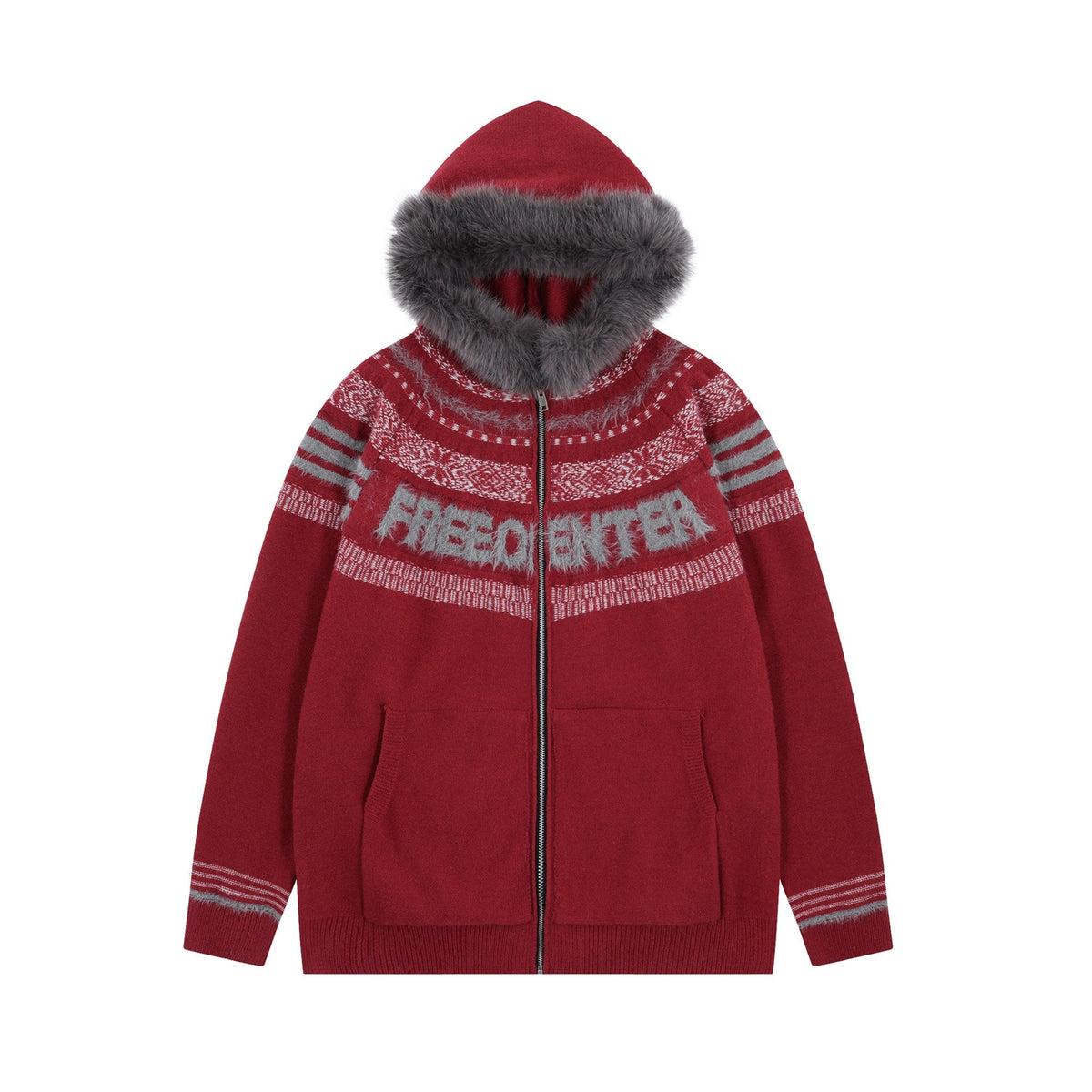 Fair Isle Hooded Detachable Fur Collar Knit Cardigan