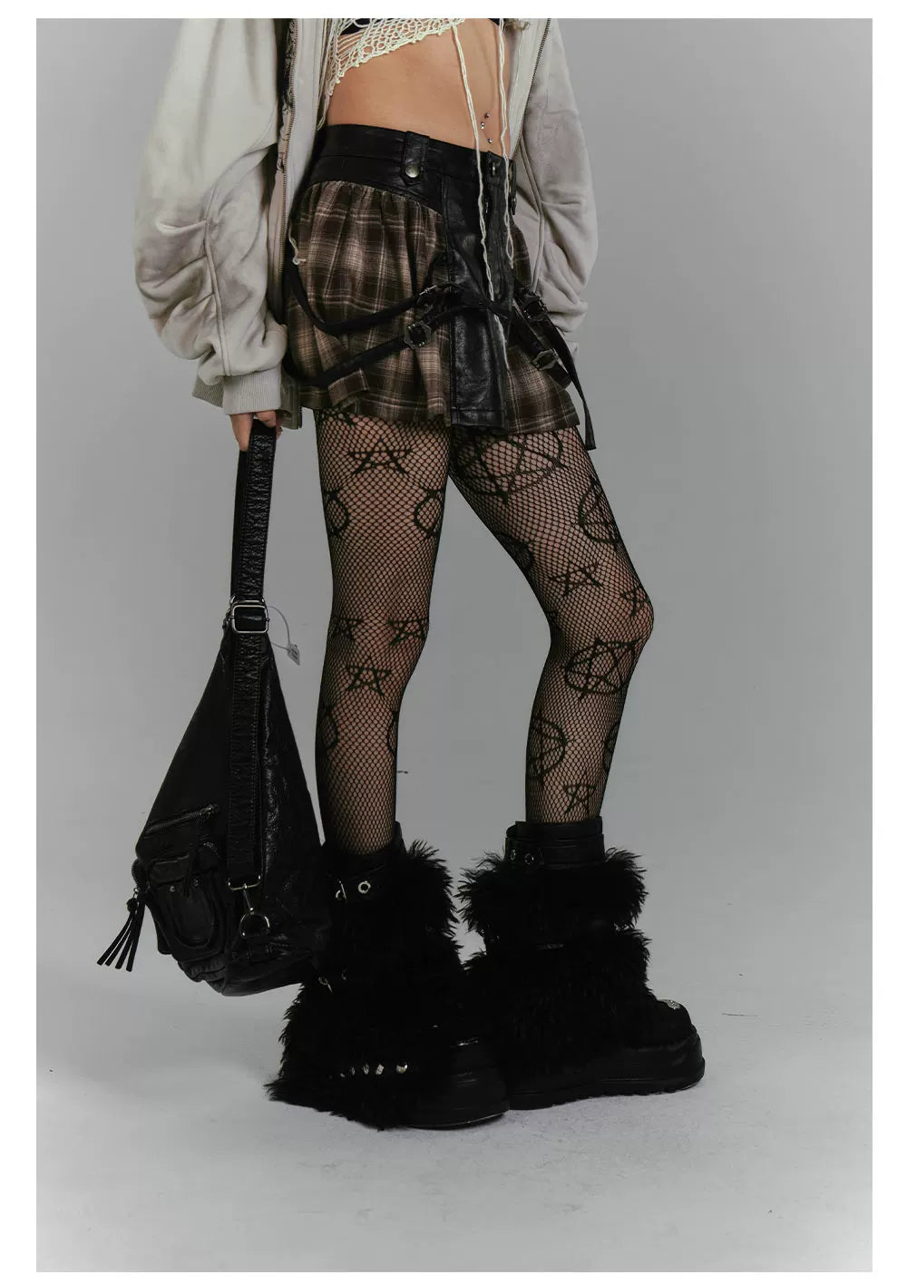 Plaid PU Leather Mix Patchwork Short Skirt