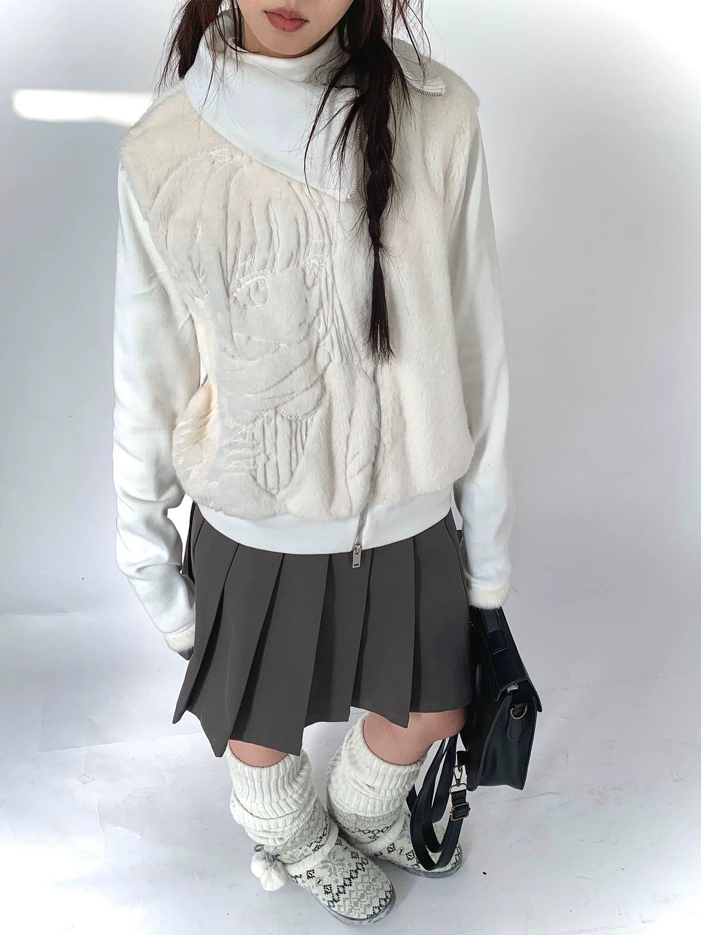 Fleece Embroidery Asymmetrical Zipper Jacket
