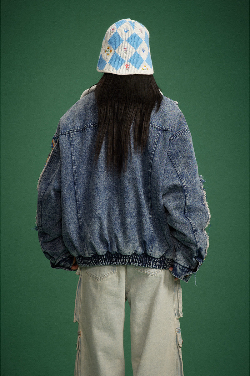 Chaqueta acolchada vaquera de patchwork deconstruida