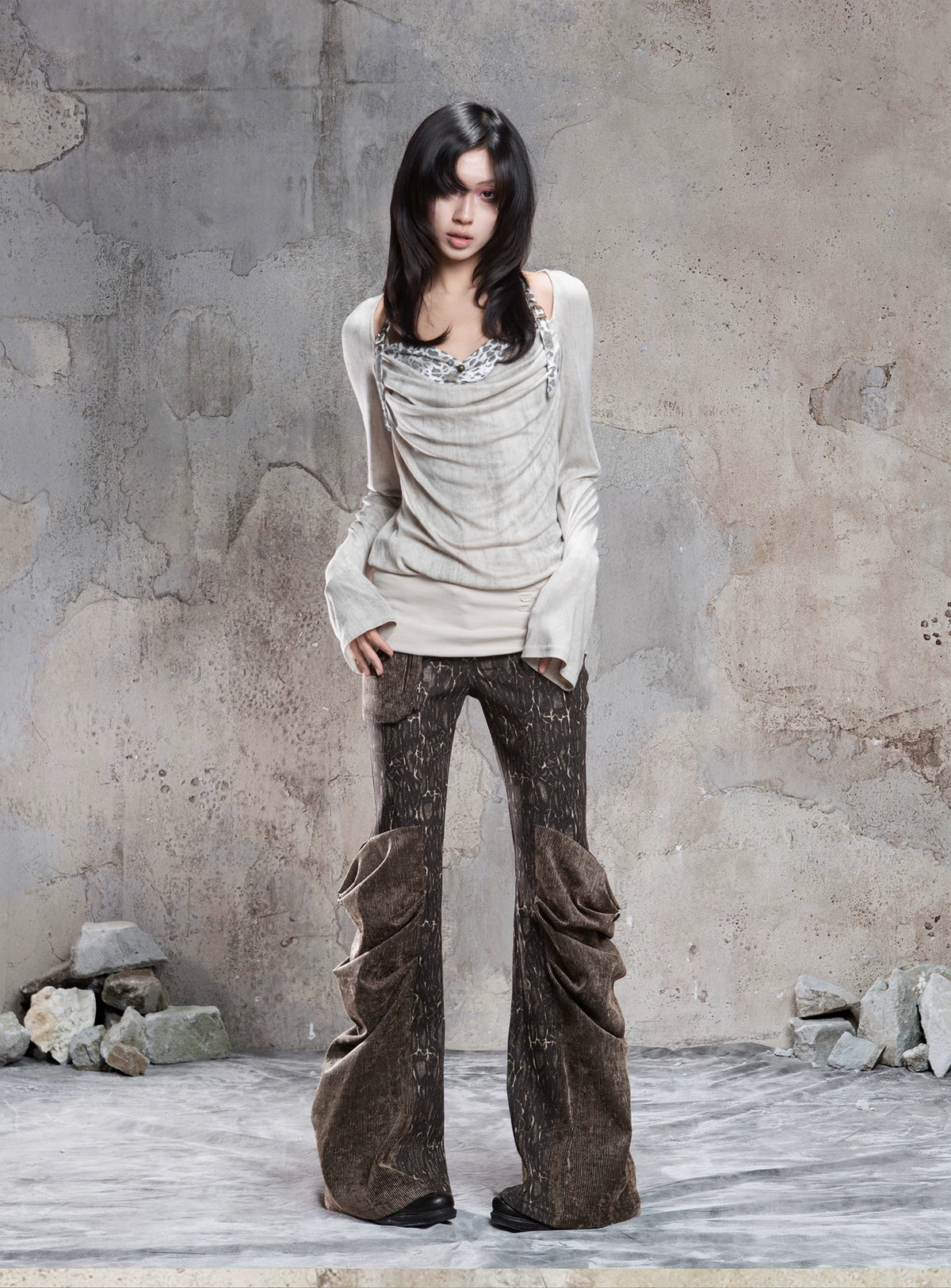 Fake Two-Piece Draped Pleated Mid- Length Slimming Long Sleeve T-Shirts