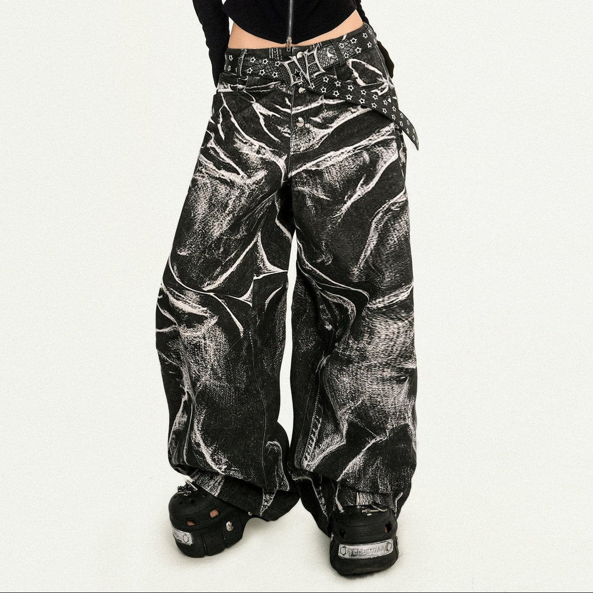 Ripple Pattern Design Wide Leg Denim Jeans