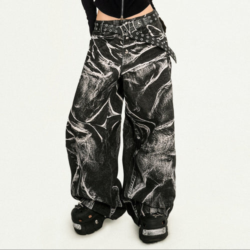 Ripple Pattern Design Wide Leg Denim Jeans - Black / S