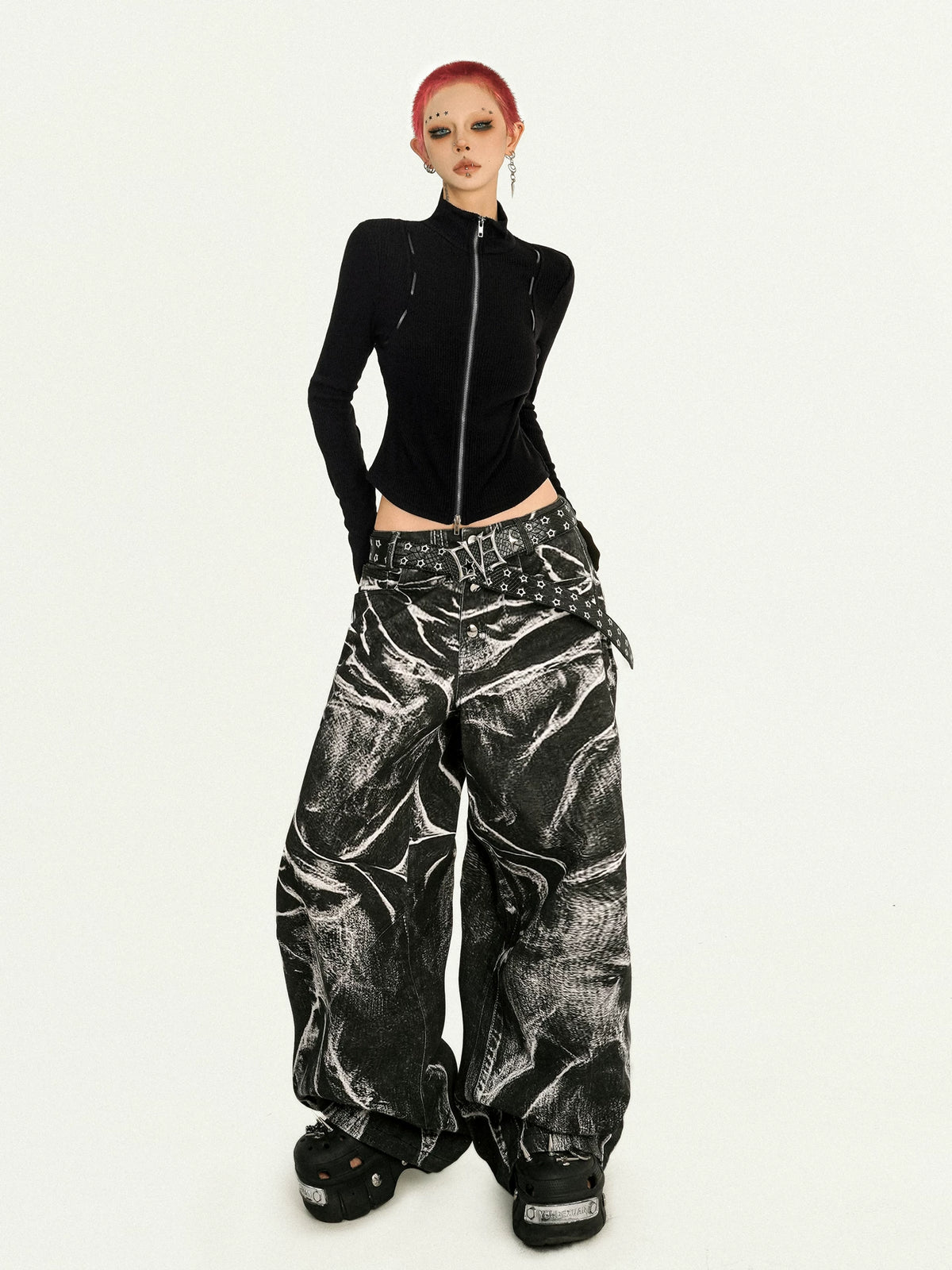 Ripple Pattern Design Wide Leg Denim Jeans