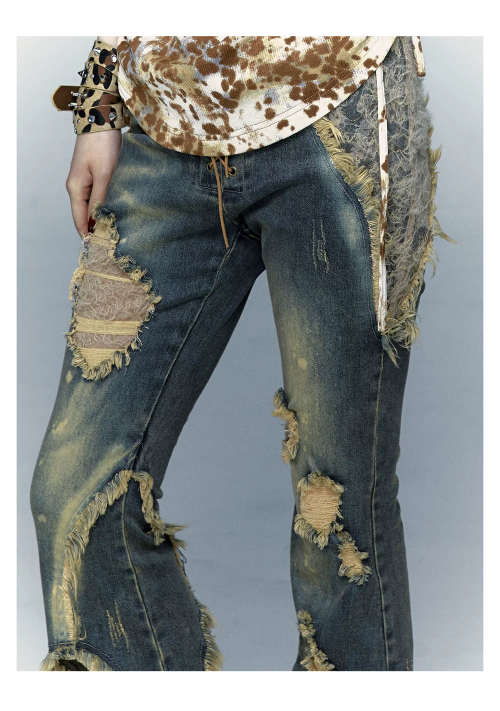 Damage Asymmetric Flare Denim Jeans