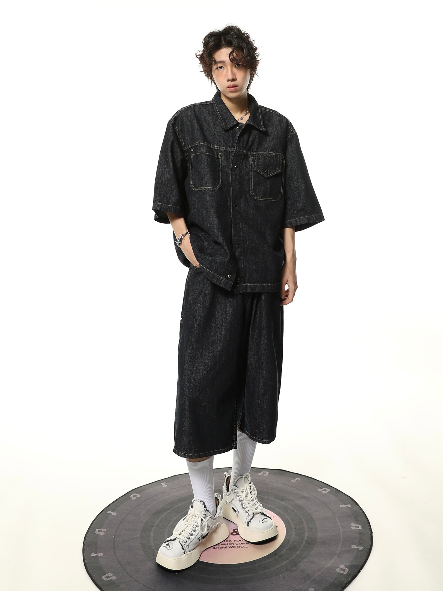 Washed Oversize Short Sleeve Denim Shirt & Half Denim Jeans Setup