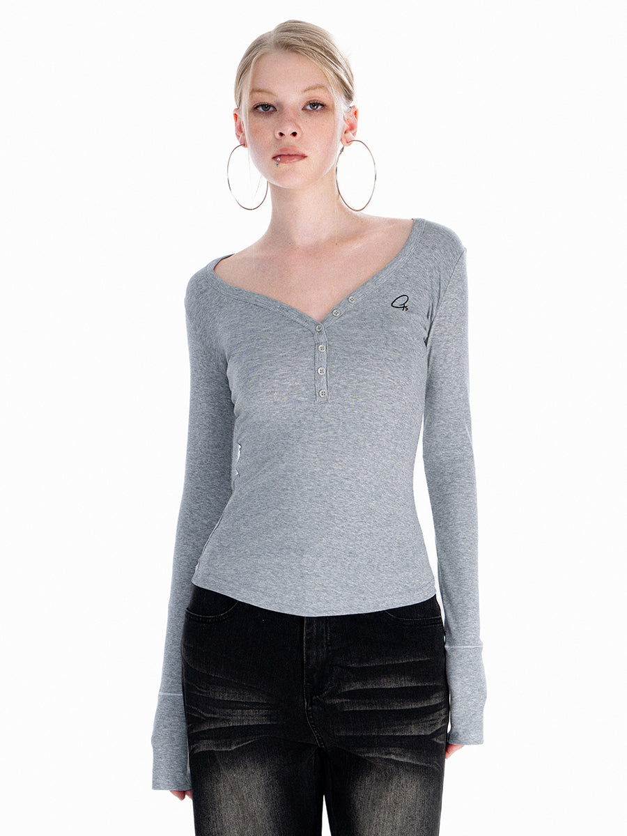 T-shirt à manches longues et col en V Button Babes