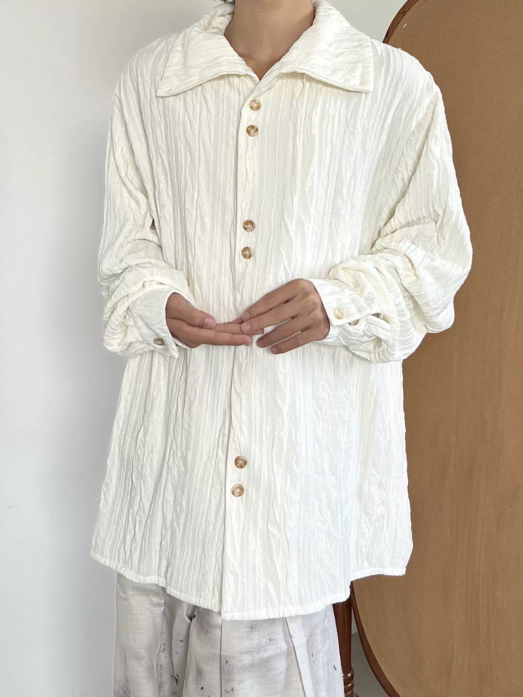 Texture Pleats High-Neck Long Sleeve Shirt