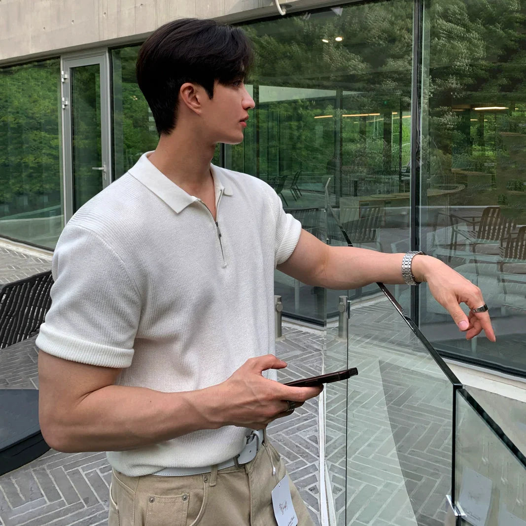 Solid Color Short Sleeve Knit Polo Shirt