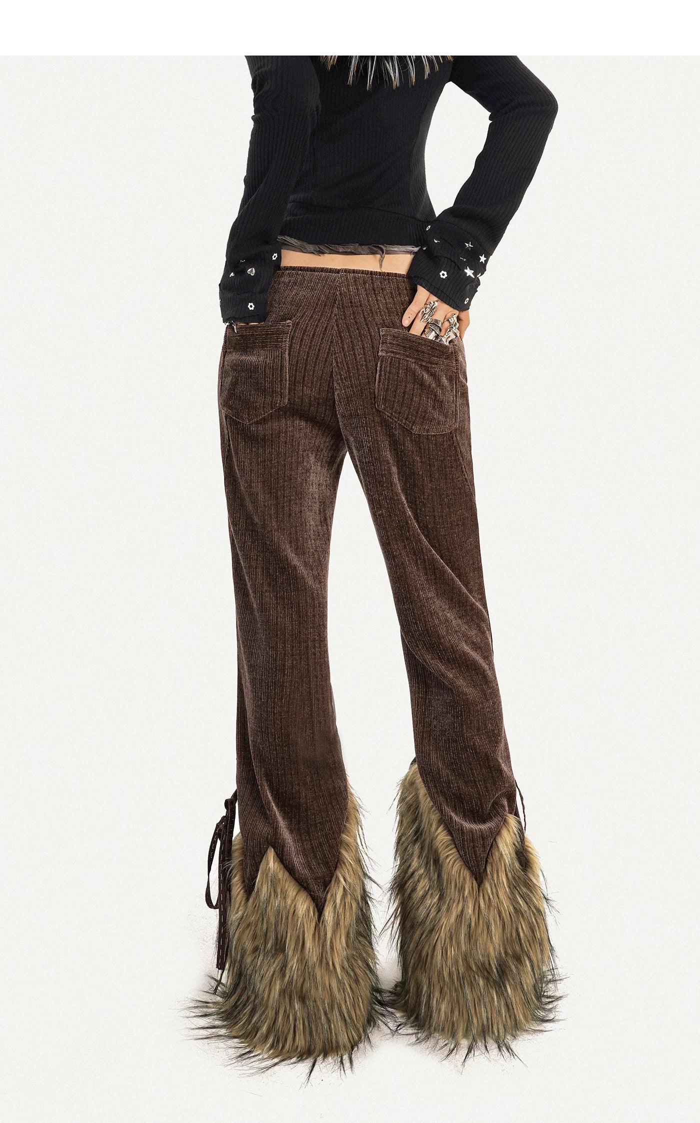 Corduroy Patchwork Fake Fur Lace-Up Slimming Pants