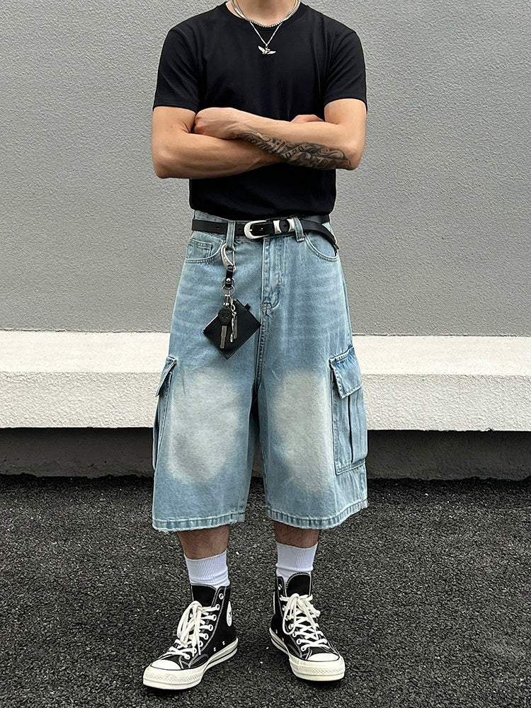 Washed Light Blue Multi-Pocket Wide Leg Denim Short