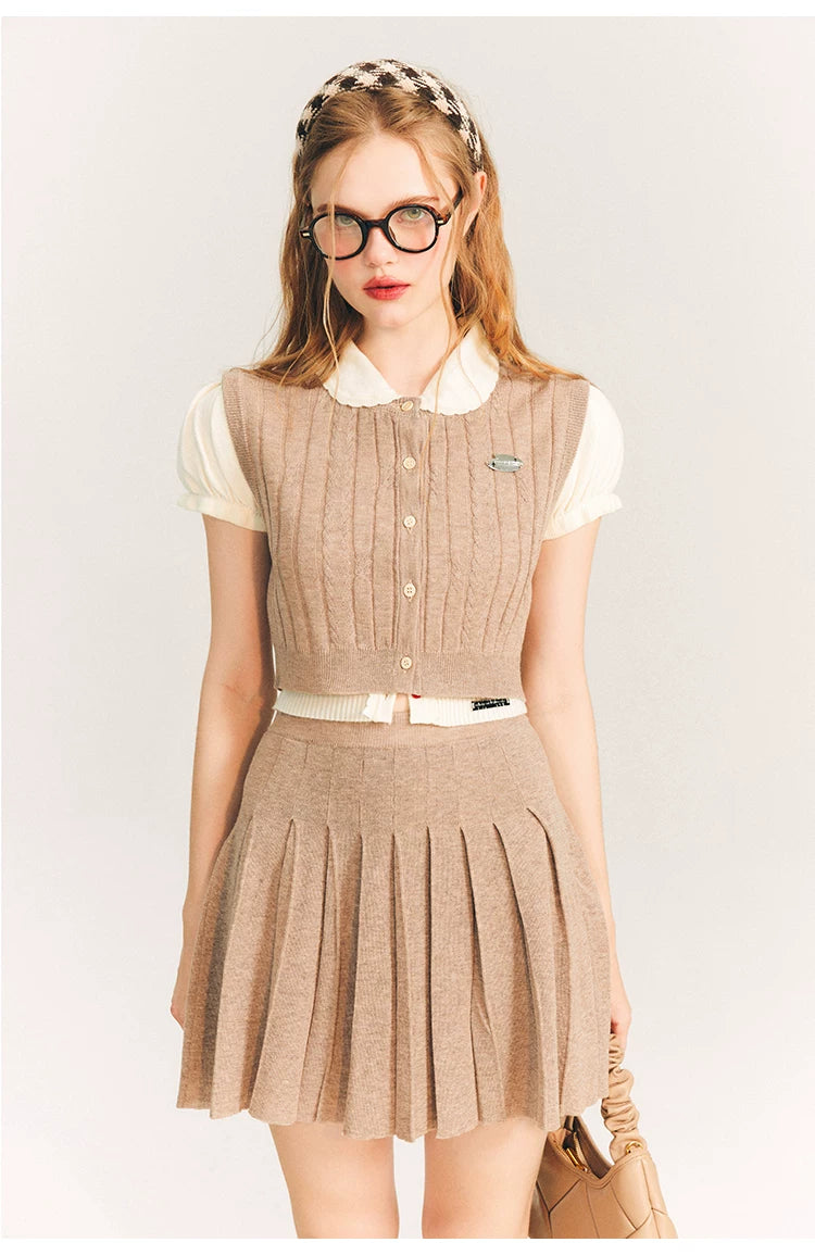 Button Knit Vest & Knit Pleated Skirt Setup