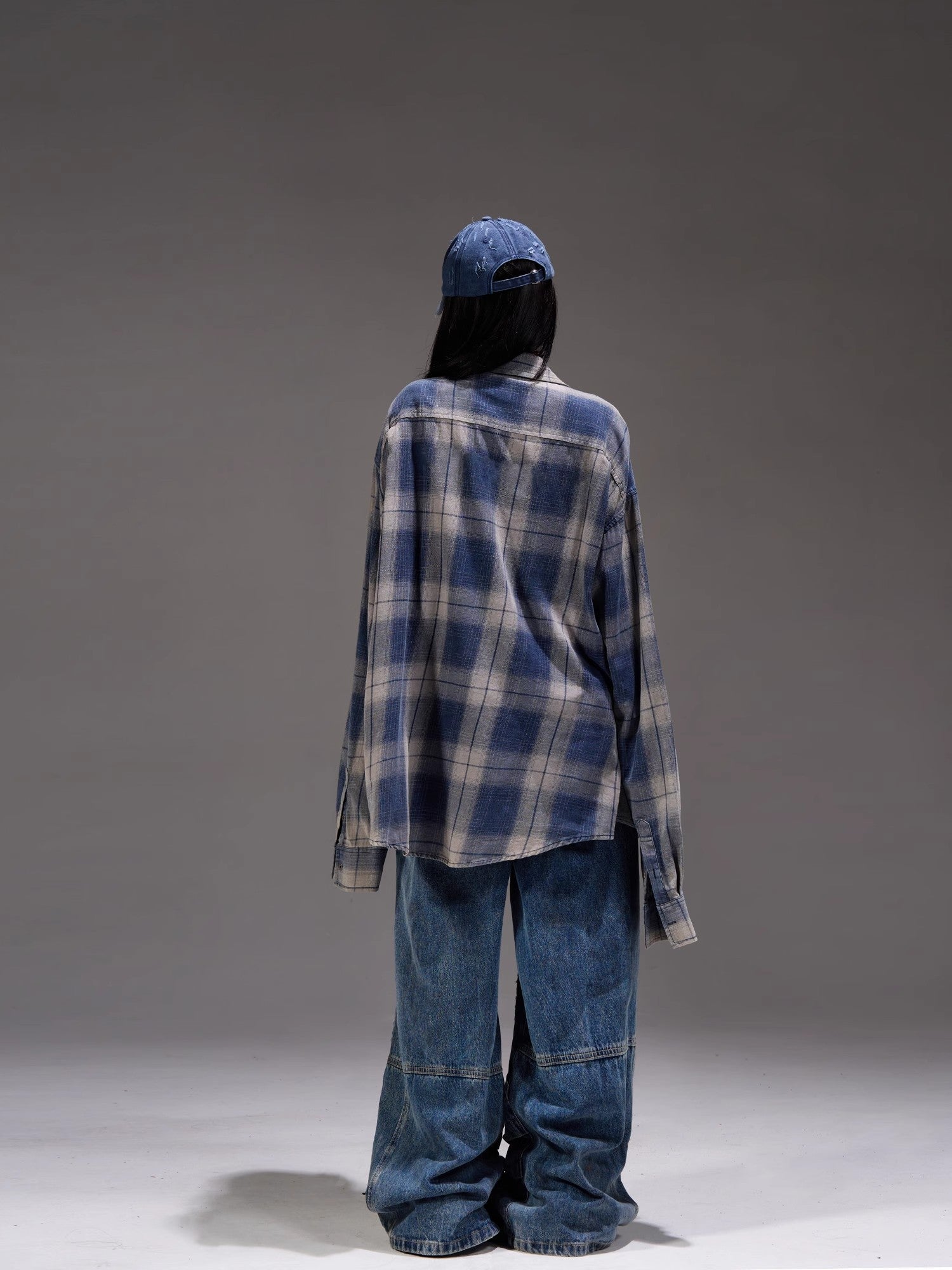 Gradient Plaid Long Sleeve Oversize Shirt