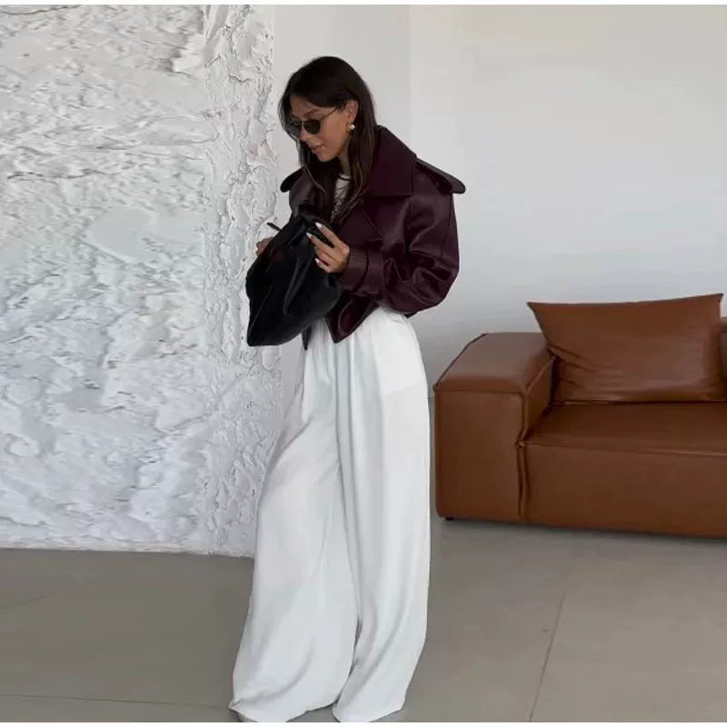 Vintage Damen-Lederjacke mit langen Ärmeln und Schnürung