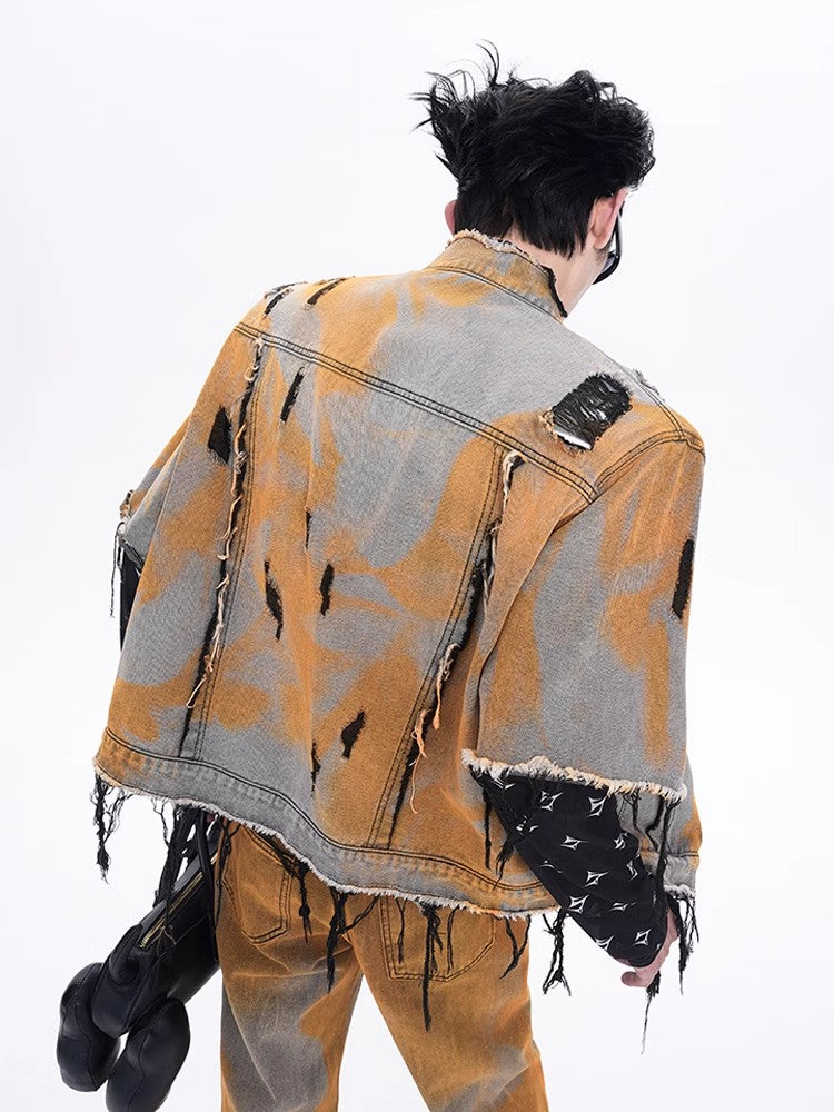 Gradient Short Sleeve Damage Denim Shirt Jacket & Micro Flare Denim Jeans Setup