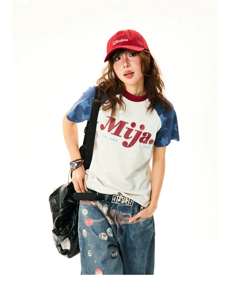 Raglan Sleeve Letter Print Fitted Short Sleeve T-Shirt