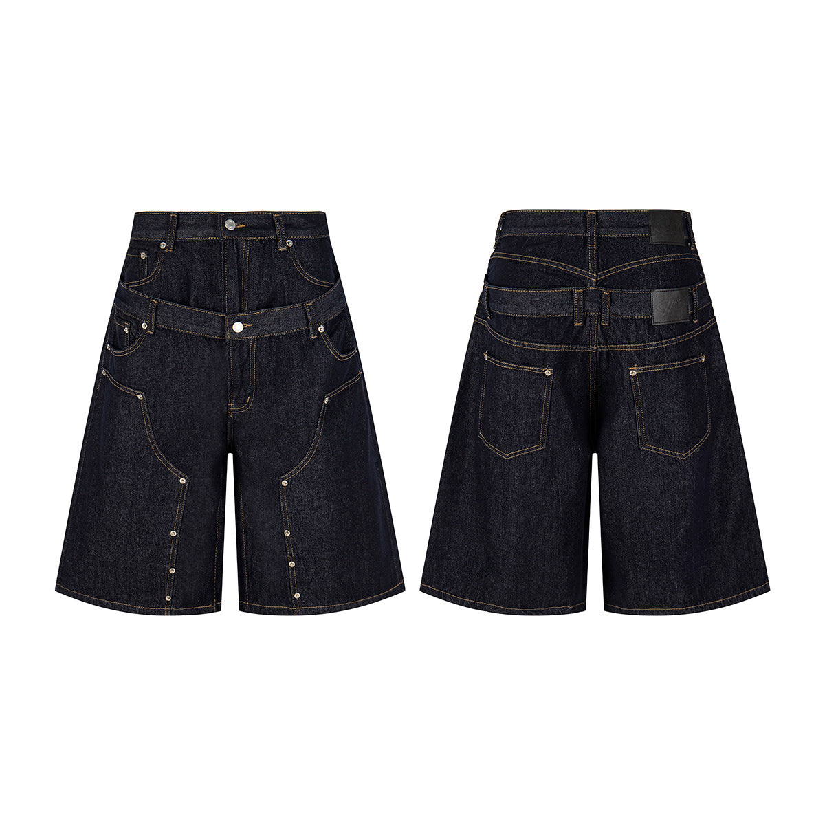 Fake Layered Double-Waist Wide Leg Denim Short Pants