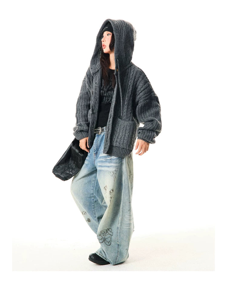 Hooded Button Oversize Cable Knit Cardigan