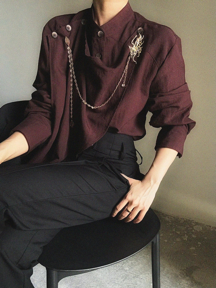 Standing-Collar Asymmetric Drape Long Sleeve Shirt