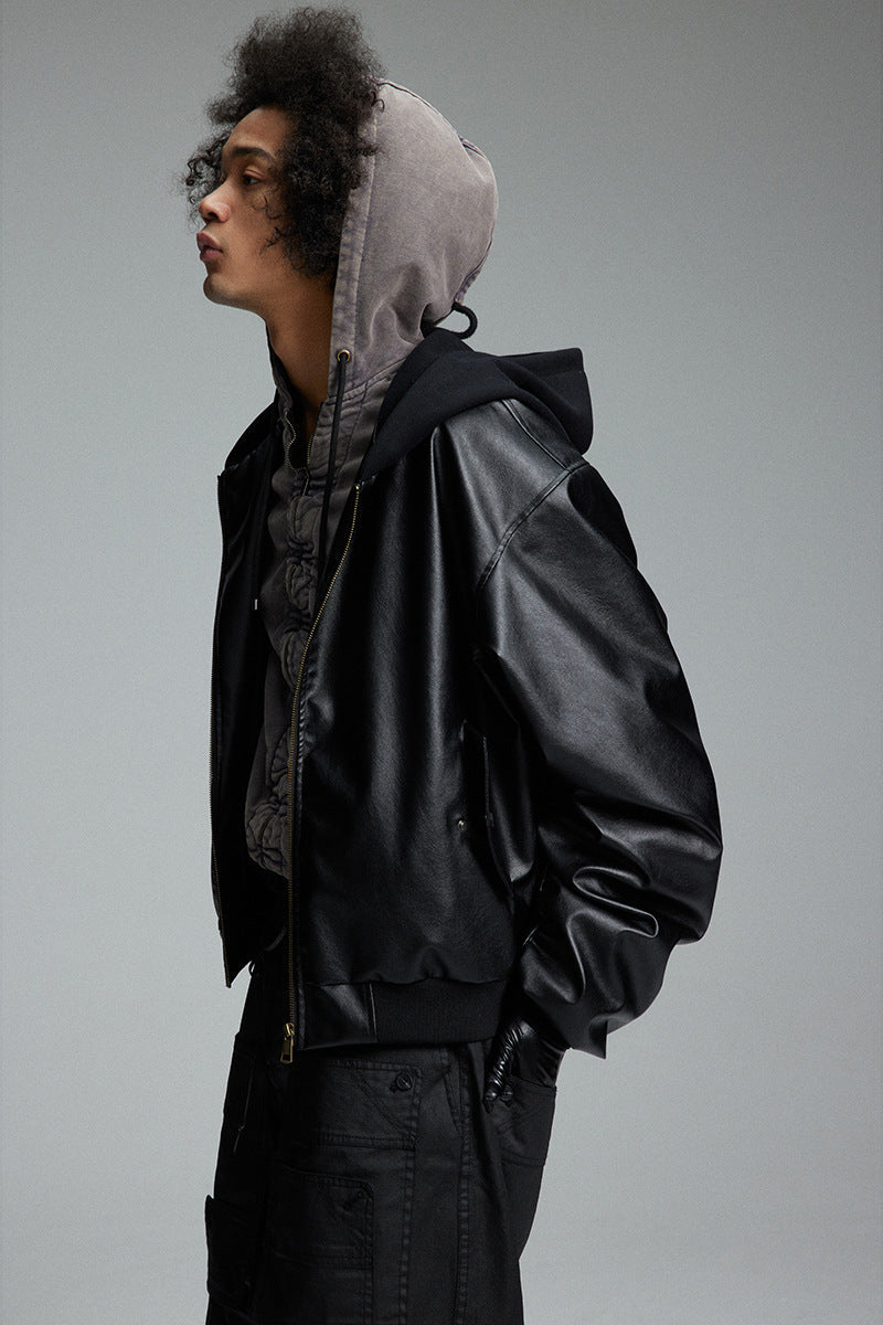 Chaqueta de béisbol de cuero PU con capucha