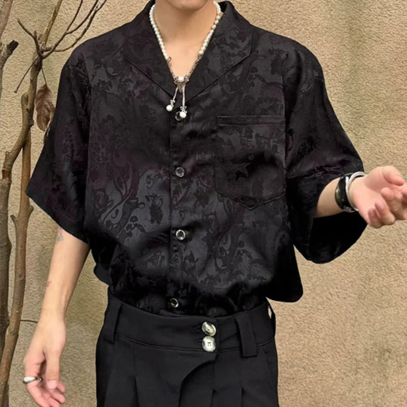 Jacquard Texture Cuban Collar Short Sleeve Shirt
