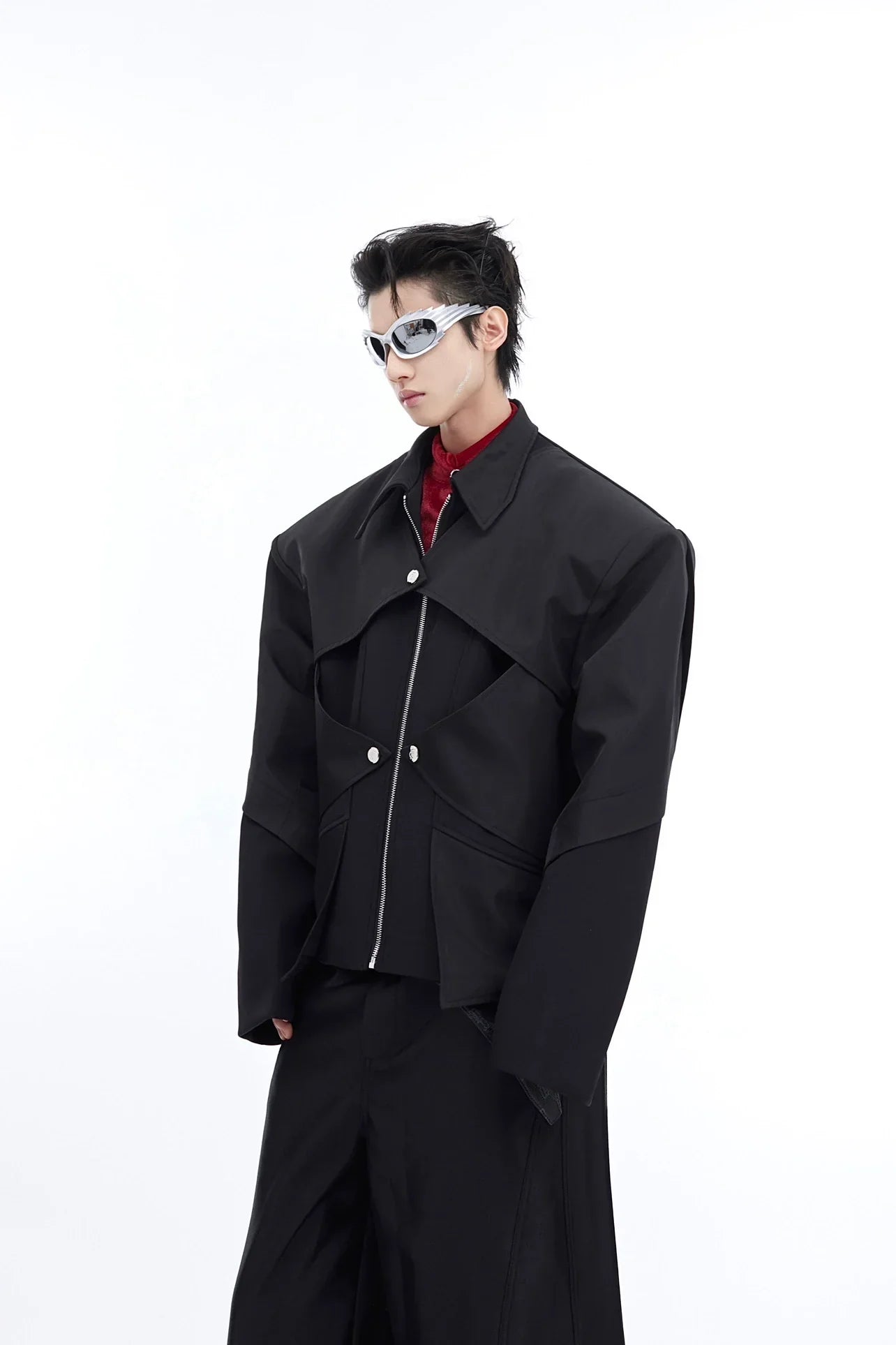 Pleats Design Zipper Short Jacket