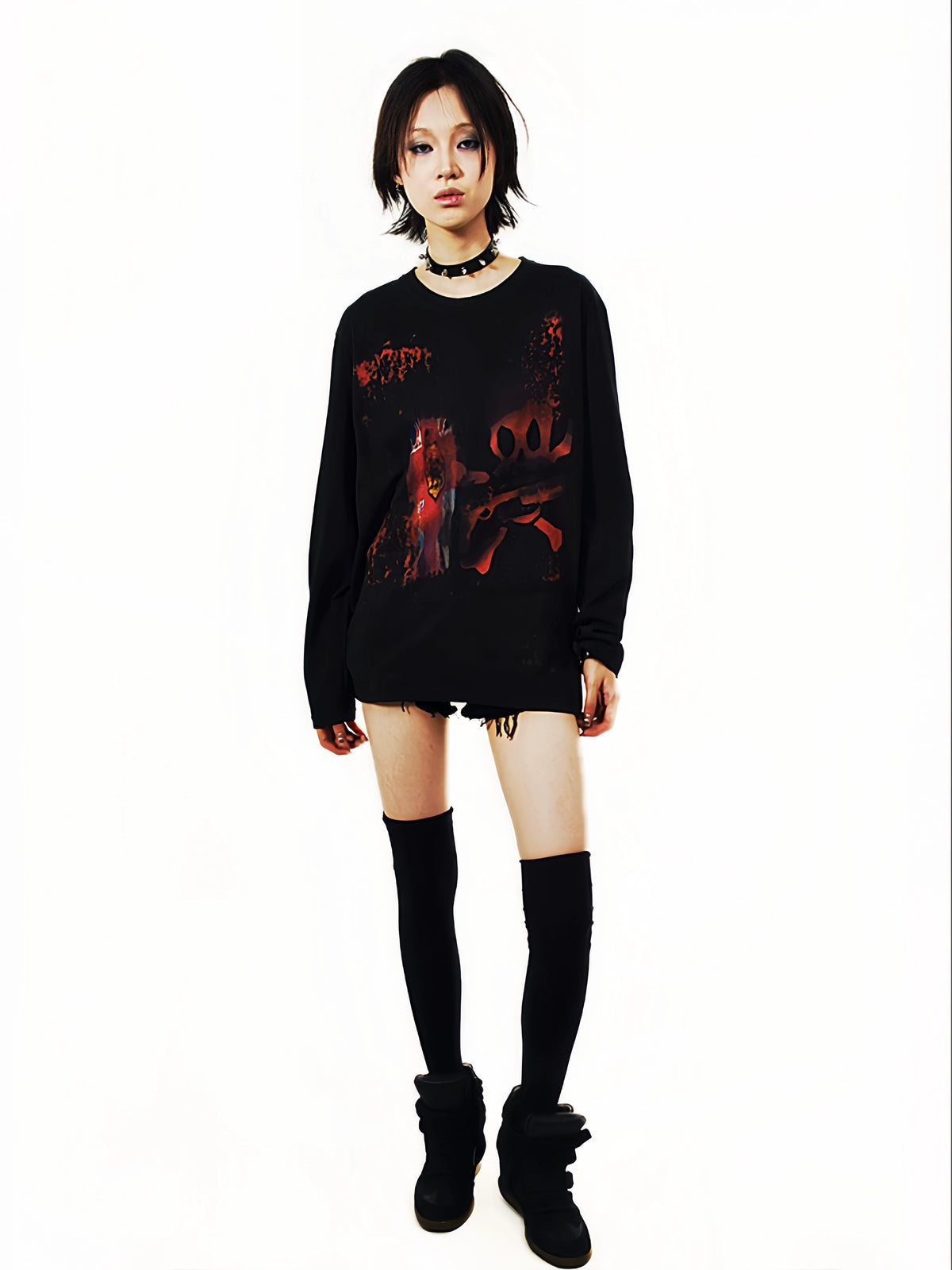 Skull Metal Print Long Sleeve T-Shirt