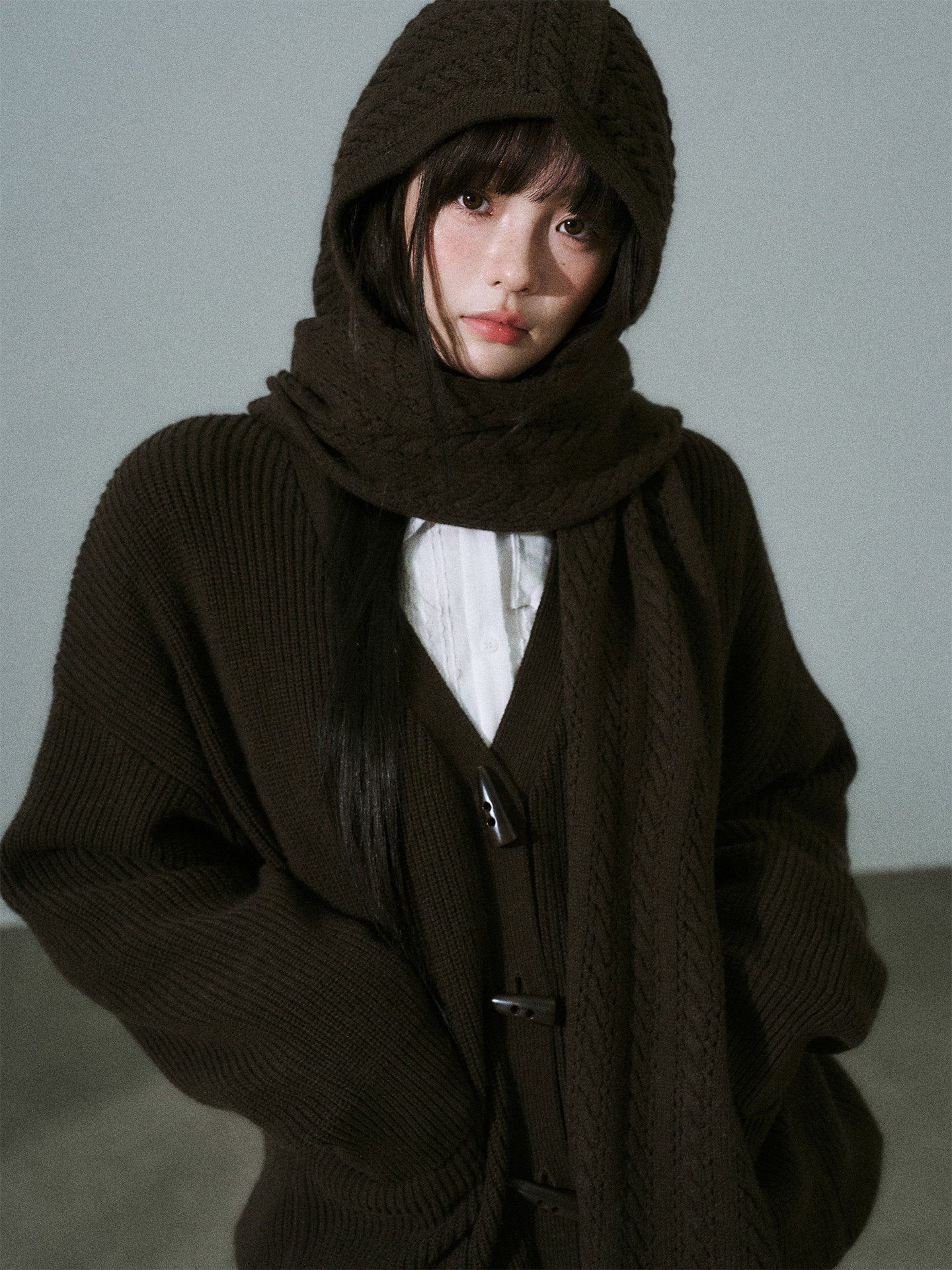 Hooded Horn Button Fleece Lining Knit Cardigan