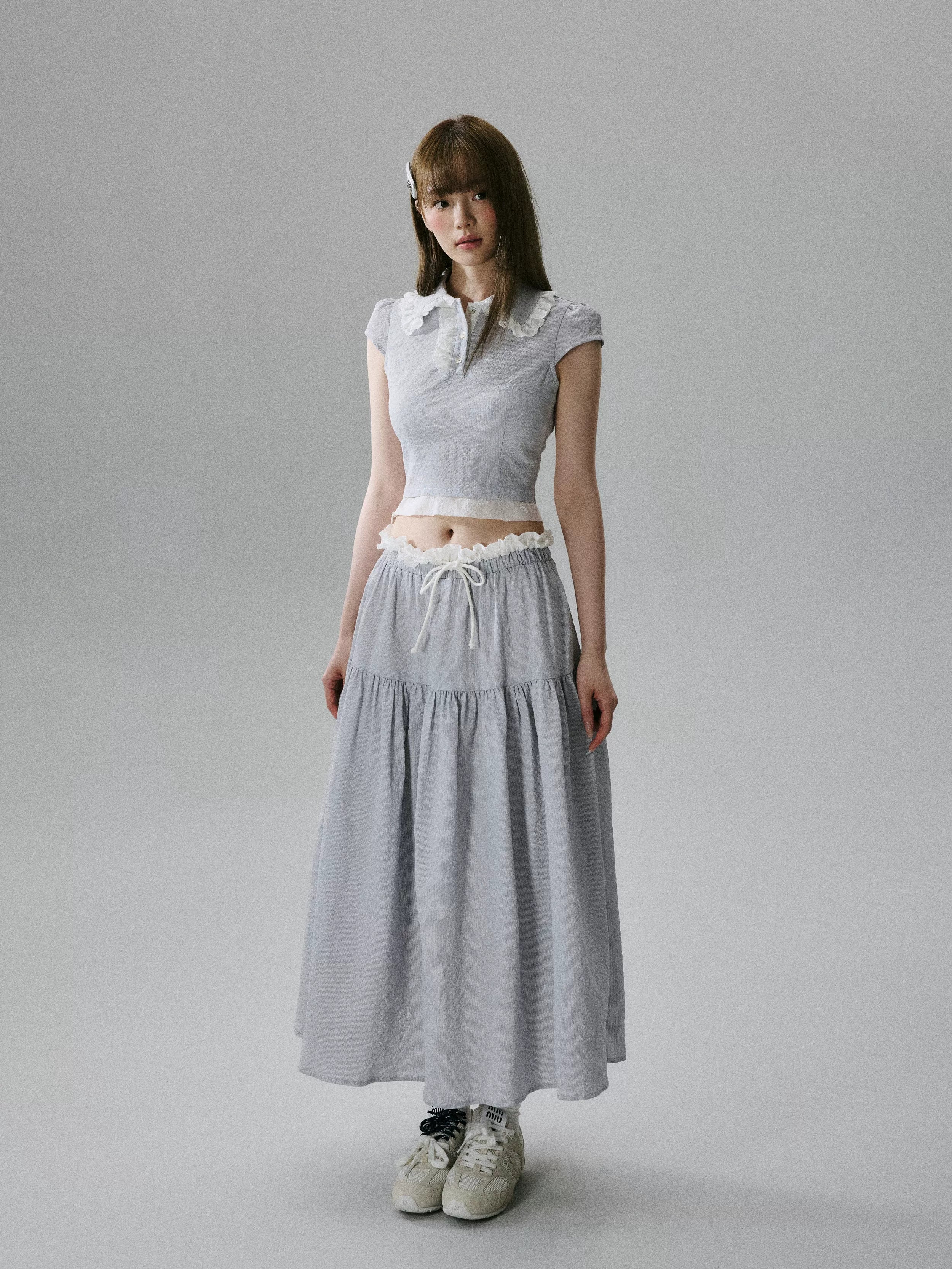 Lace-Trim Short Sleeve Shirt & Drawstring Skirt Setup