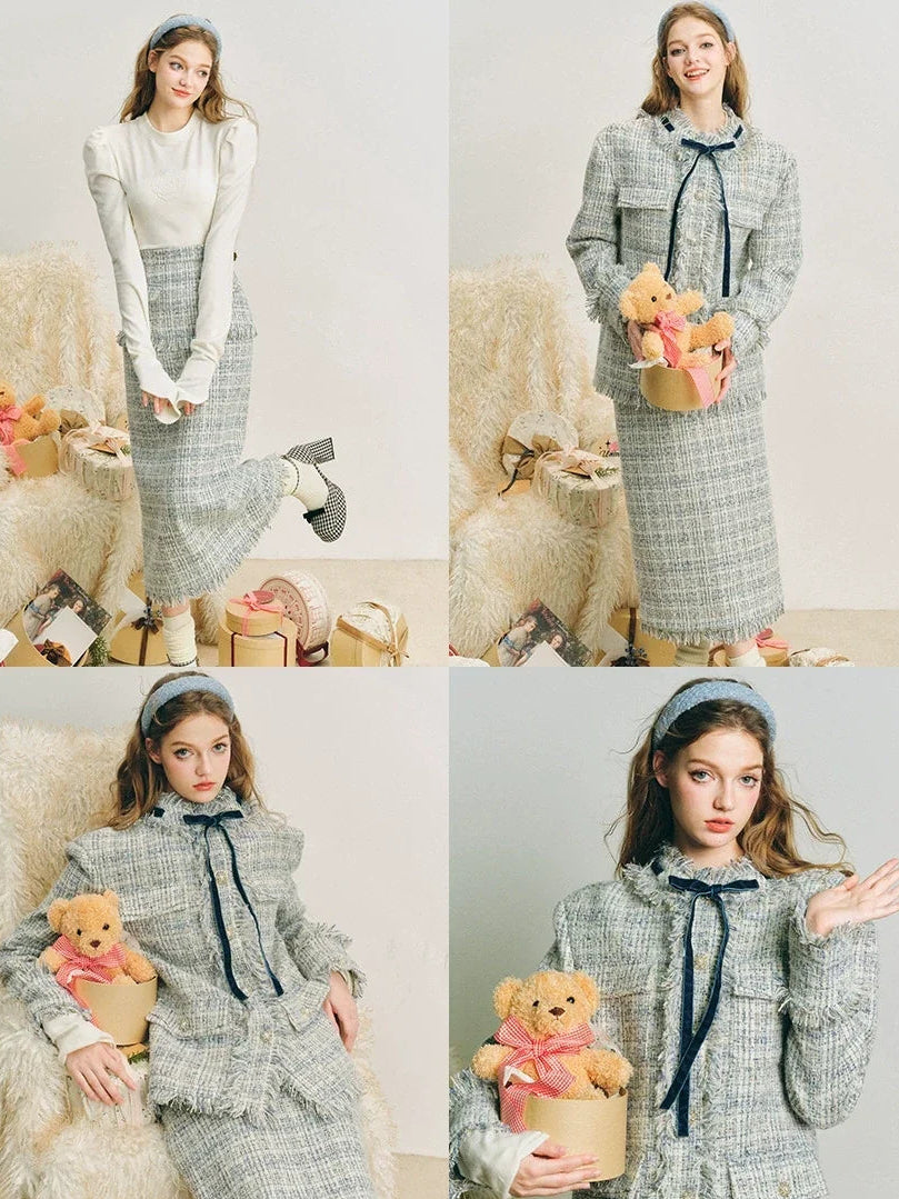 Bow Jacquard Jacket & Tassel Jacquard Short Skirt Setup