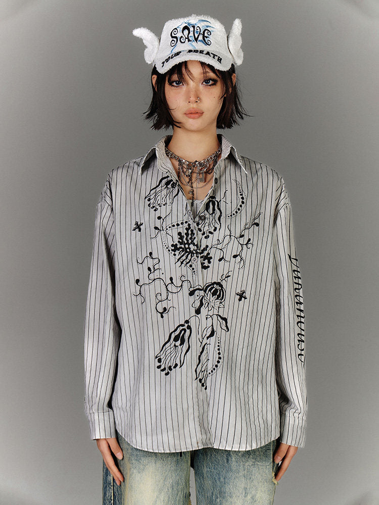 Stripe Graphic Print Long Sleeve Shirt & Stripe Print Camisole