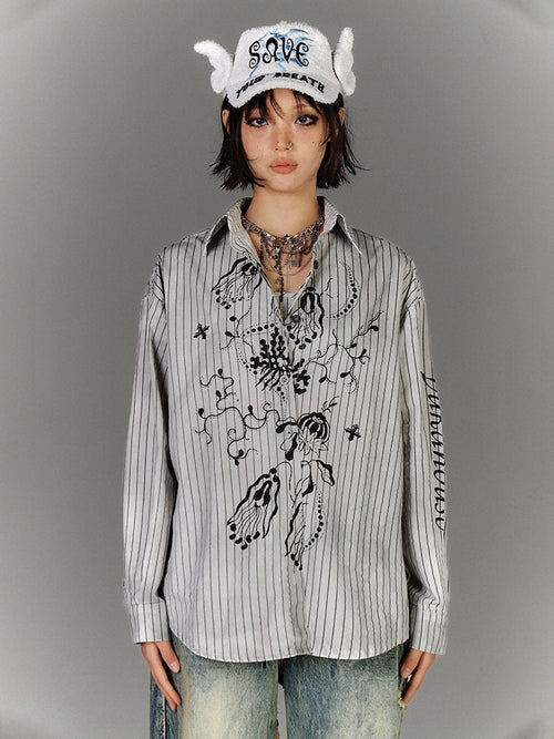 Camisa de Manga Longa com Estampa Gráfica de Listras e Regata com Estampa de Listras - Cinza / S / camisa