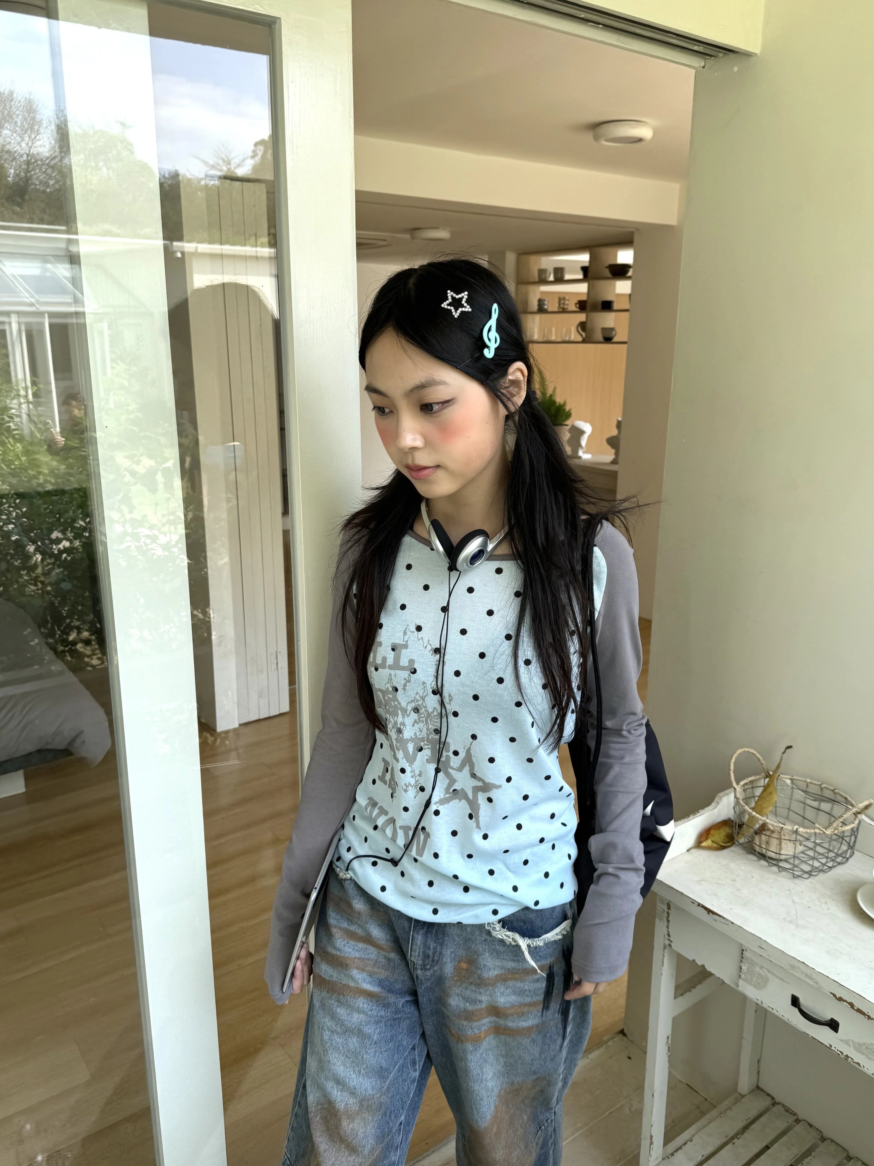 Polka Dot Letter Print Fake Layered Fitted Long Sleeve T-Shirt