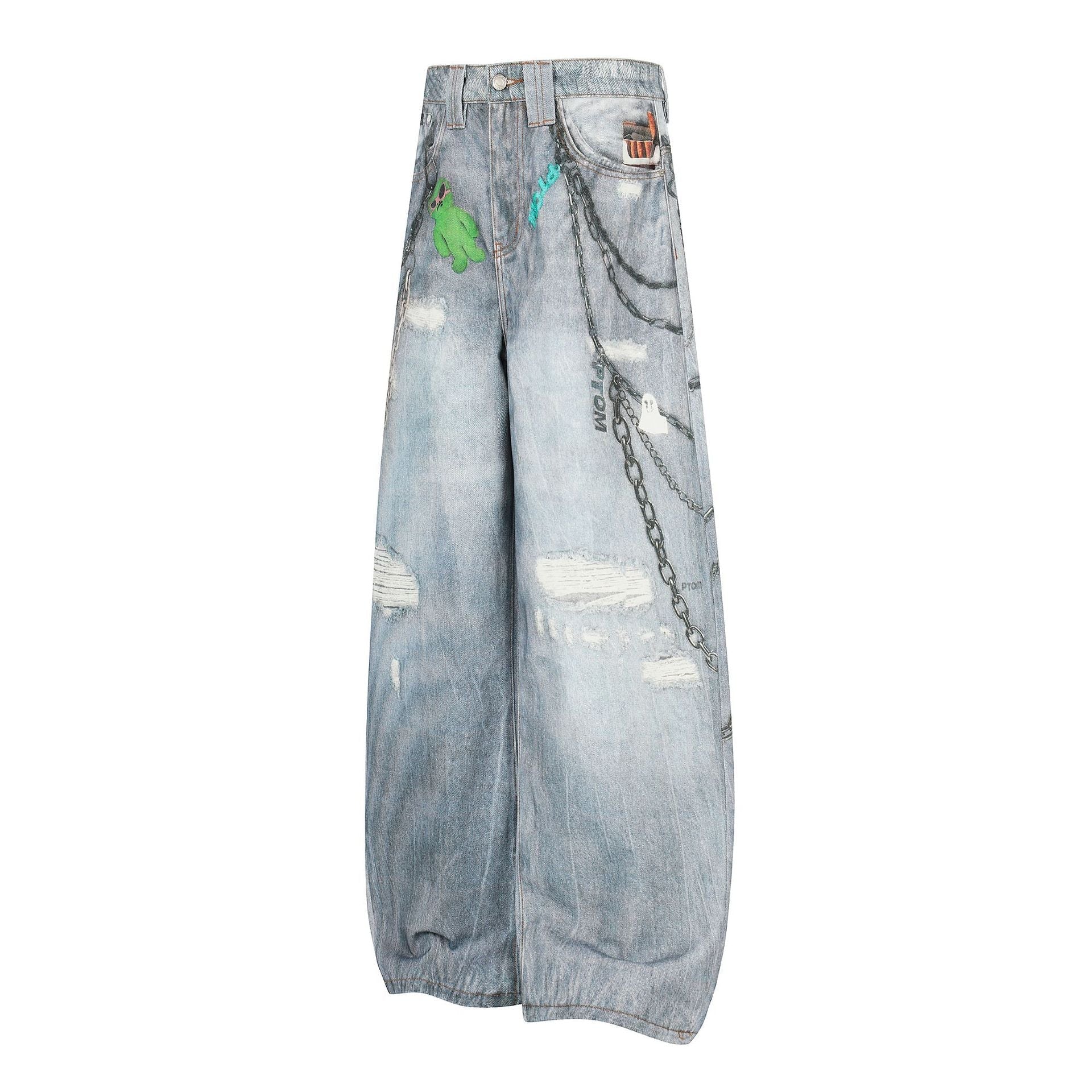 Washed 3D Print Curved Wide Leg Denim Jeans
